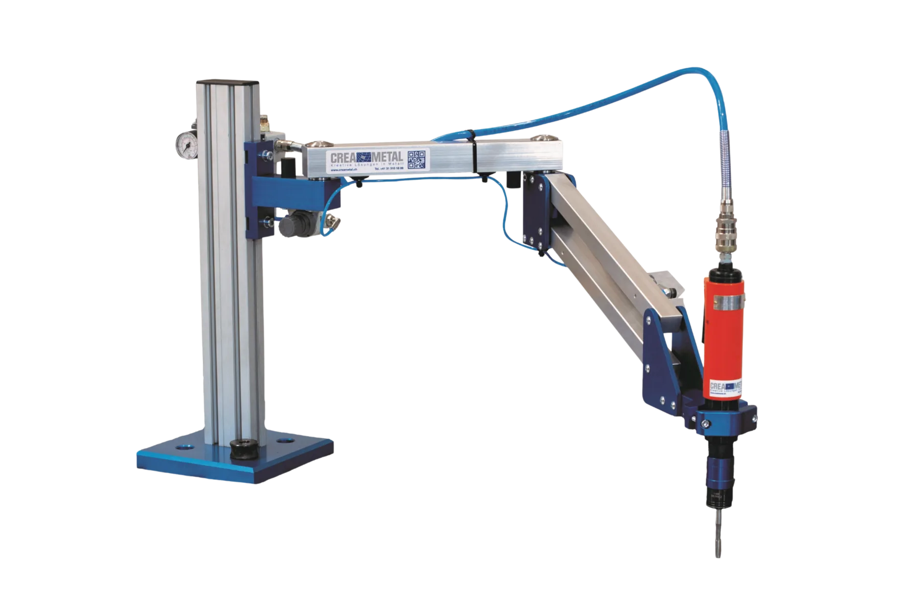 CREA-TAPP Gewindeschneidvorrichtung mit Alu-Säule auf Fussplatte, Gelenkarm und Druckluftmotor mit Gewindebohrer