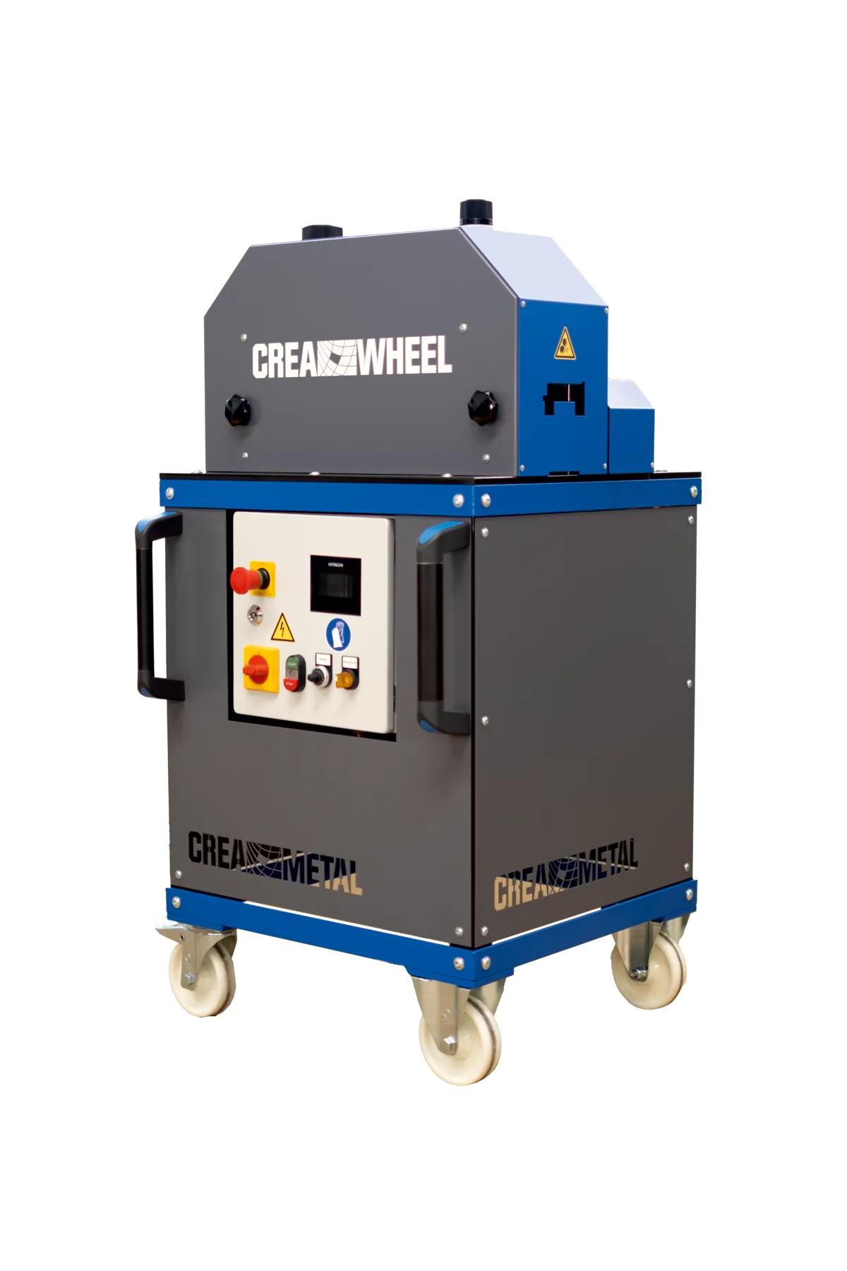 CREA-WHEEL 15mm Richtmaschine auf fahrbarem Untergestell mit Bedienpanel, rotem Not-Halt und vier Lenkrollen