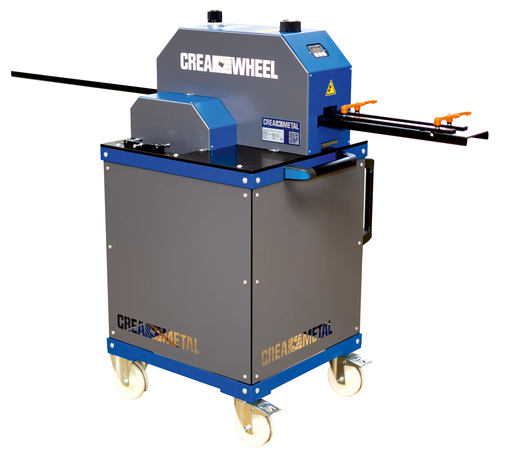 CREA-WHEEL 15mm komplett auf dem fahrbaren Rollschrank, links tritt ein langer Flachstahl aus dem Richtaggregat