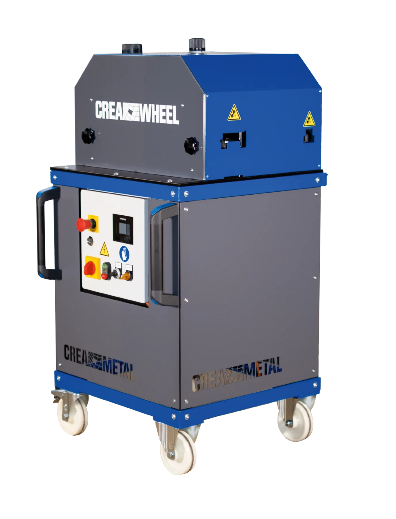 CREA-WHEEL 15mm RRM auf dem Rollschrank, Bedienpanel mit Not-Halt und Anzeige an der Stirnseite