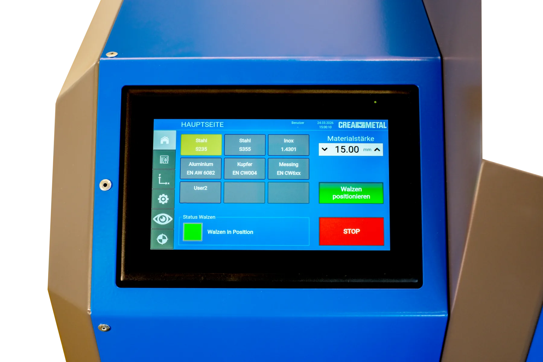 Touchdisplay der CREA-WHEEL 220 mit Materialauswahl, Materialstärke 15 mm und Statusanzeige der Walzen