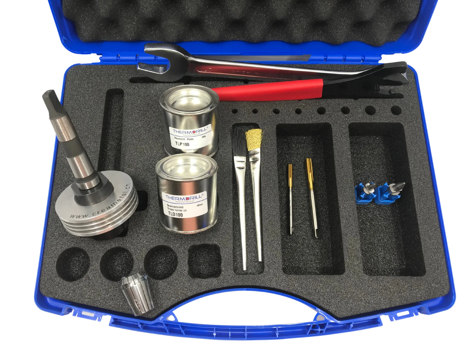 Blauer Werkzeugkoffer mit THERMDRILL Set: Werkzeugaufnahme mit Kühlring, Formöl, Paste, Gewindeformer und Fliessbohrer
