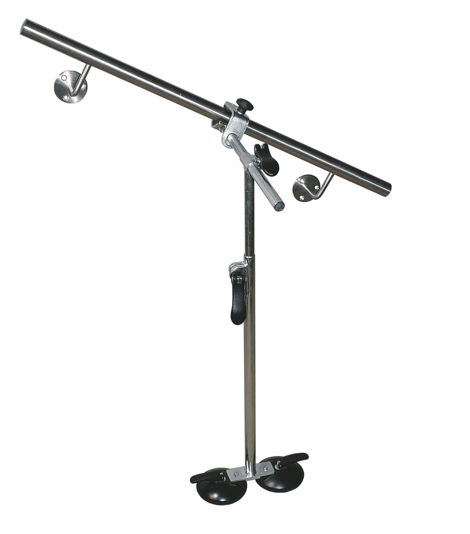 Montagestütze MS2 trägt einen Edelstahl-Handlauf mit Wandhaltern, Teleskopsäule auf zwei Saugfüssen