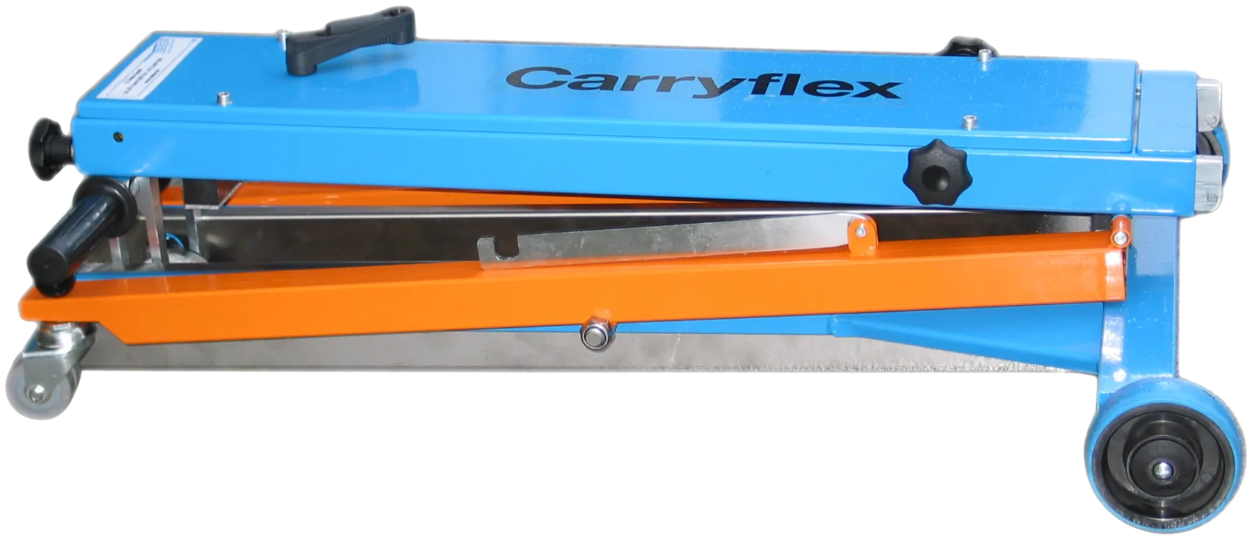 MT1 Carryflex zusammengeklappt in der Seitenansicht, Rollen und Handgriffe am blauen Rahmen